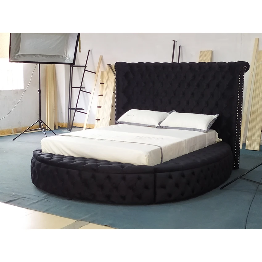 Upholstered Hotel Wooden Bed Modern Storage Queen Size Round Bed Frame