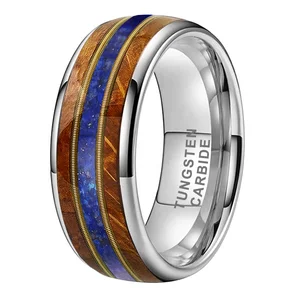 Coolstyle Jewelry 8mm Whisky Wood Guitar String Lapis Inlay Tungsten Ring for Men Women Fashion Engagement Wedding Band