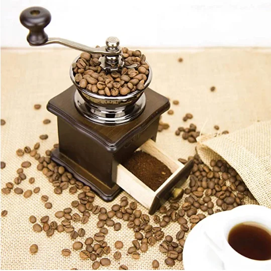 Manual Coffee Grinder Wooden Base with Drawer Coffee Bean Mill Vintage Antique Style Hand Crank