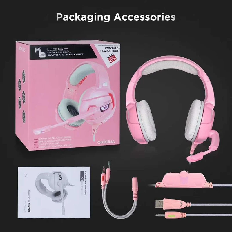 ONIKUMA K5 Pink Gaming Headset LED Light Noise Cancelling