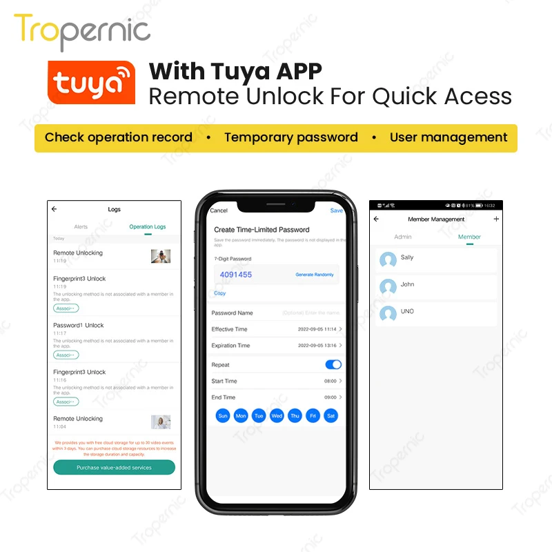 Tropernic Wholesale Price Digital Code Smart App Fingerprint Tuya Smart Camera Door Lock