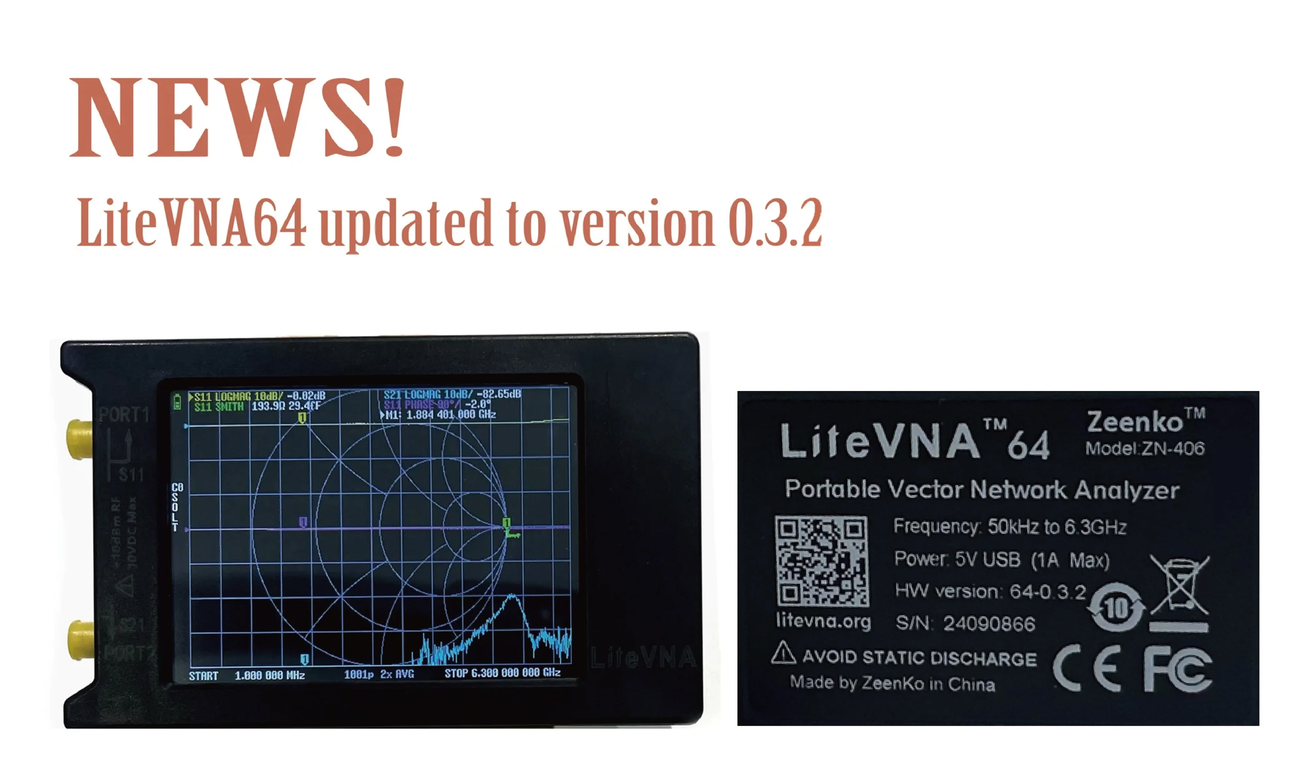 LiteVNA-64 Vector Network Analyzer 0.3.2, 50KHz-6.3GHz, 3.95
