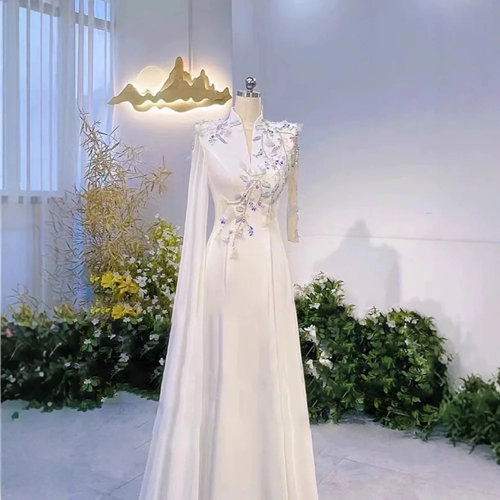S1872L 2026 One Piece Dropshopping Fashion Stand Collar Elegant Long Sleeve  Long Skirt fairy White Waist Engagement Dress| Alibaba.com