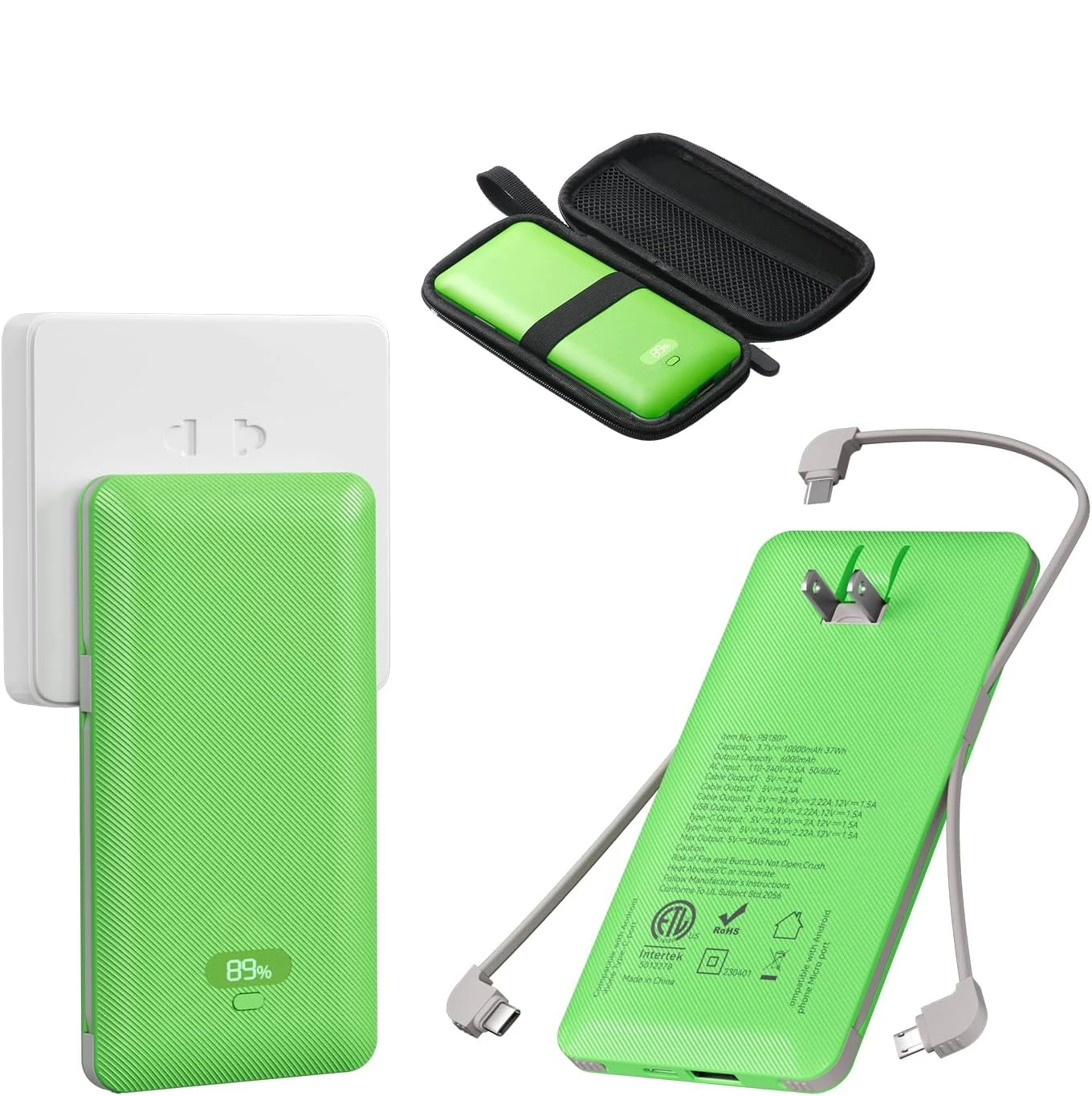 PD20W Power Bank 10000mAh Built-in 3 Cables & USB-A+C Ports, with AC Plug Portable Charger Digital Display Business Gift PB180P