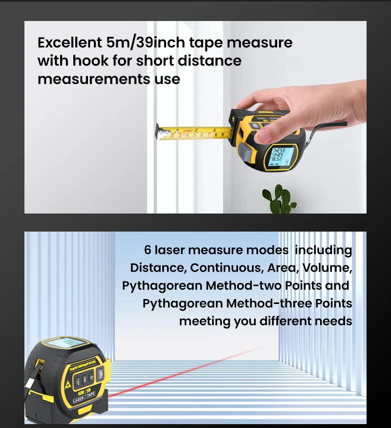 Laser Distance Meter 3 in 1 with 5mTape 40m/60m Laser Measure & Laser Cross