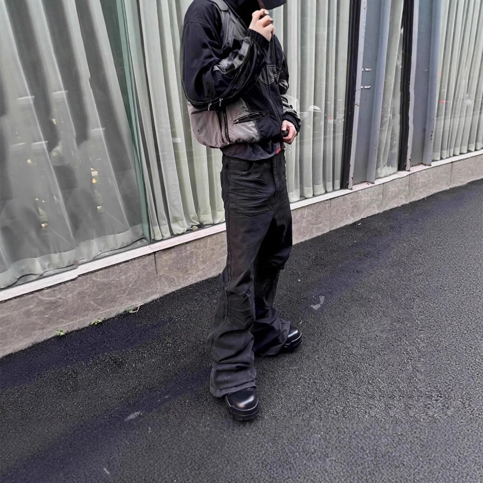 Amerikaanse high-street-stijl: niche, handgemaakte, gewassen denim, geborsteld met wascoating, slanke, uitlopende, elastische rechte broek voor heren