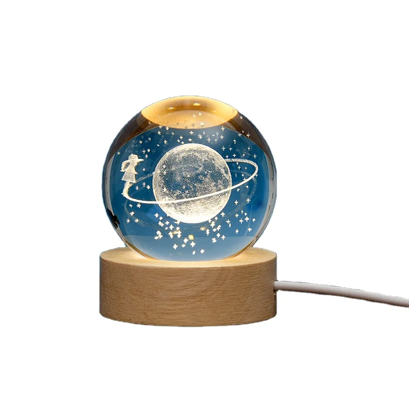 Decoration Solar System Planet Sphere Laser Carved Led Night Light Custom 3D Art Crystal Ball with Wood Base LED Light