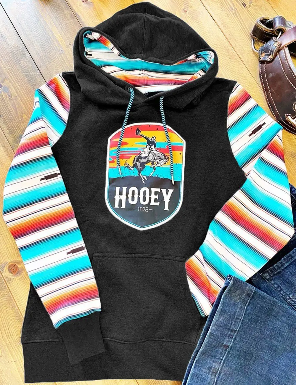 Casual Striped Long Sleeve Pullover Hooded Sweatshirts Fleece Tribal Hoodies with Polyester Lining Color Matching Tops