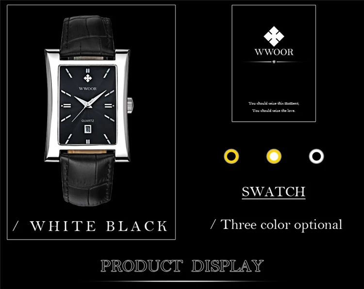 WWOOR 8017 Men's Square Watches Top Brand fashion Leather Strap Quartz Waterproof Date Clock Male Casual Business Wrist Watch