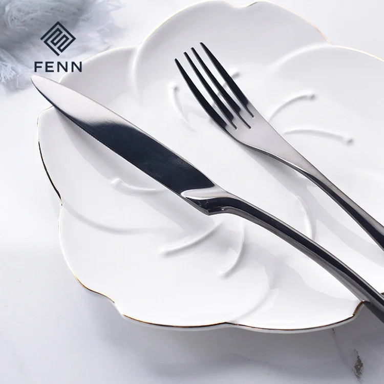 product fenn wholesale luxury 4pcs stainless steel flatware knife spoon and fork set mirror silver black color hotel wedding cutlery set-61