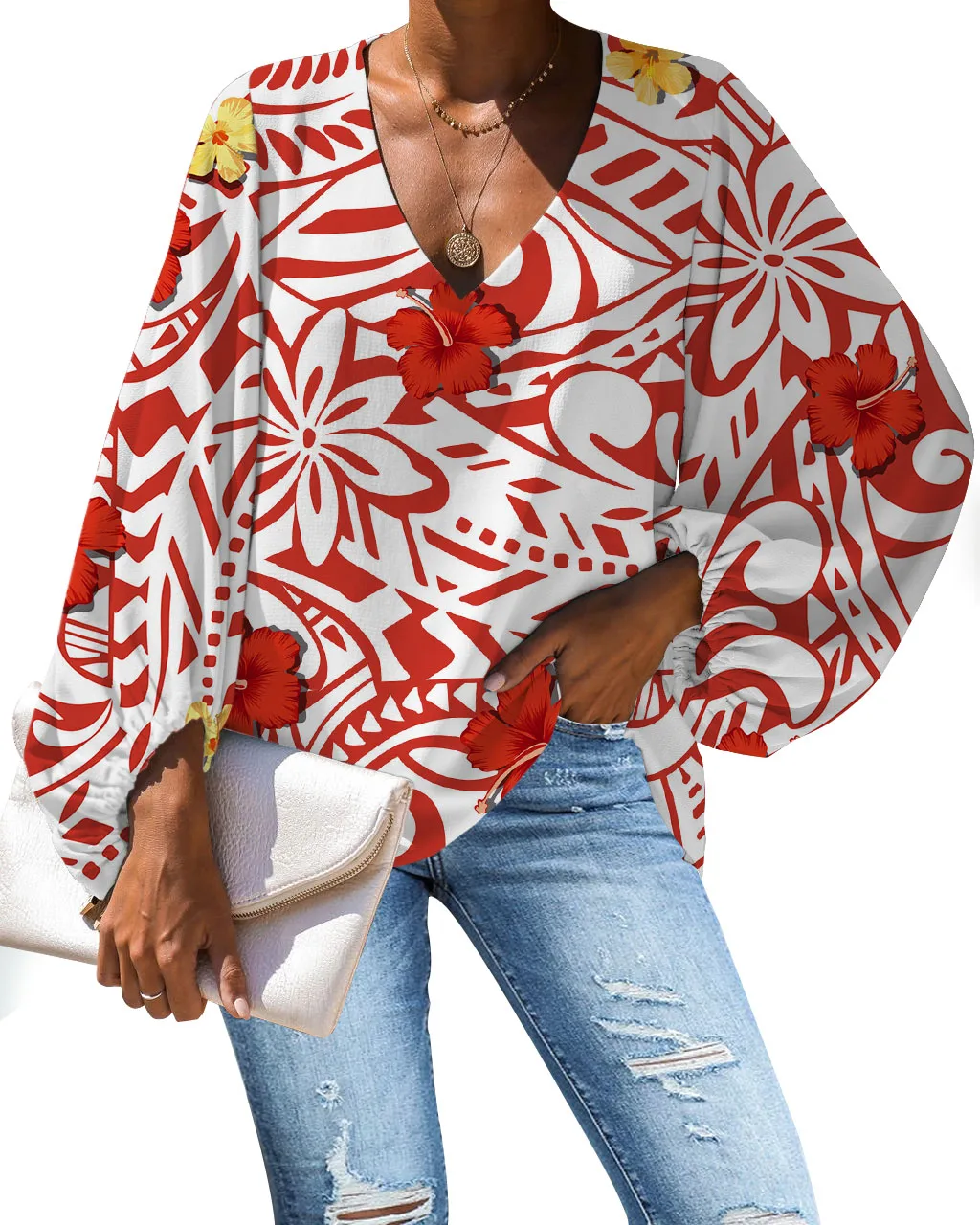 Hot Sale Polynesian Hawaiian Flower Print Sexy V-neck Ladies Tops Blouse Unique Designer Chiffon Tops For Women Chiffon Blouse