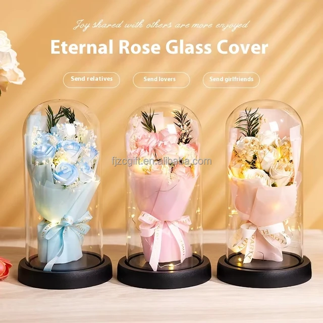 Wholesale  Soap Rose Acrylic Dome Rose Flower Valentine's Flower Led Gift Bouquet In Glass With Led Light