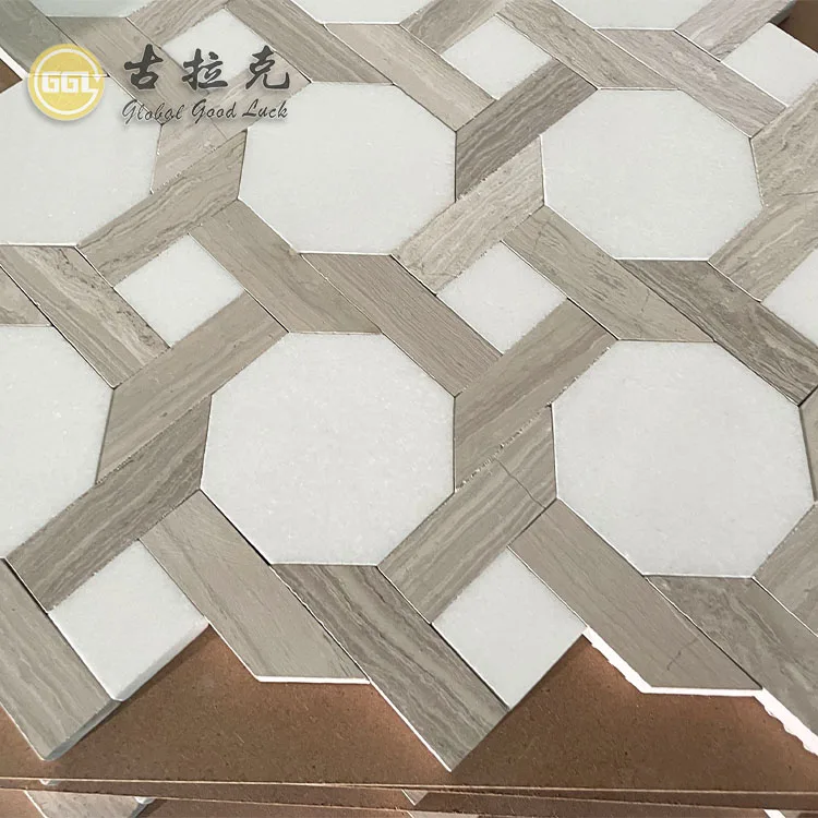 Thassos white Marble mix Wood Marble Octagon Shape Marble Floor for Bathroom Tile