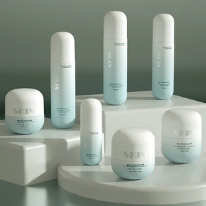 The Bottle with Matt Blue Gradient Matches the Matt White Arc-shaped Cap with Unique Pump Design and Double-layer Jar Design