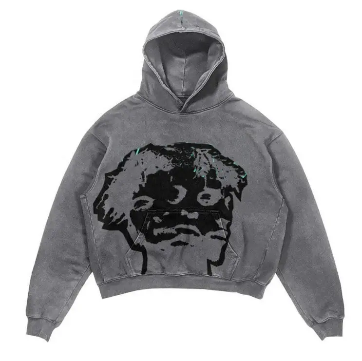 Custom Pullover Hooded Sweatshirts Heavyweight 400GSM Cotton Oversized Graphic Screen Printing Vintage Acid Wash Hoodie for Men gallery 3