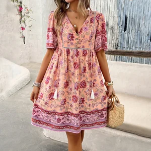 Wholesale 2026 Summer Bohemian Rayon Dress Short Sleeve v Neck Floral Casual Dresses Women