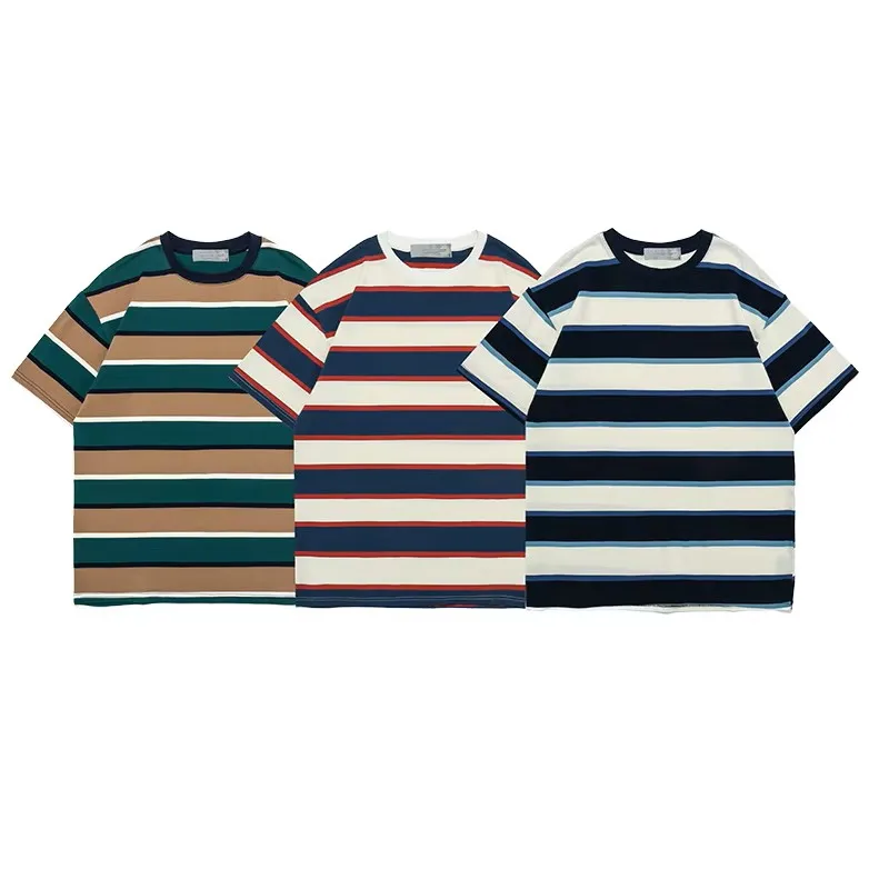 Men's Custom Printed Heavyweight Oversized for Polo T-Shirt Streetwear 100% Cotton Striped Clothing Streetwear Manufacturers' Cu