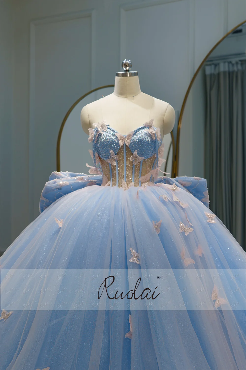 Ruolai LWC6727 Dreamy Royal Blue Sweetheart Quinceanera Dress Butterfly  Ball Gown Evening Dress With Back Bow