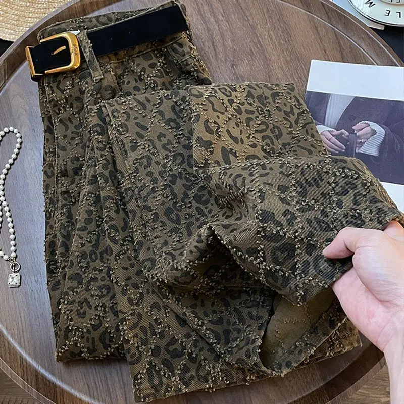 Simon Laina American Style High Street Leopard Print Denim Cotton Women's Winter Sexy Girl High Waist Loose Straight-Legged