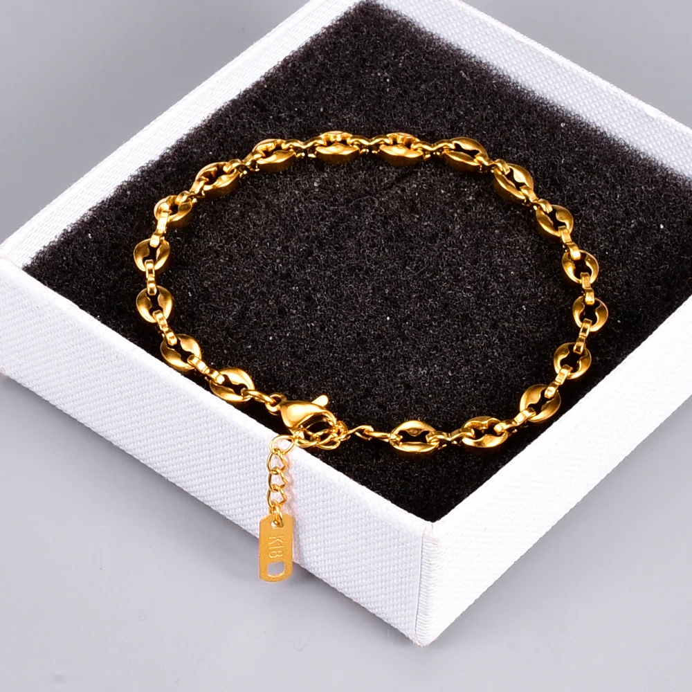 Trending New Jewelry Stainless Steel 18k Gold Plated Oval Pig Nose Bracelets Simple Stainless Steel Coffee Bean Charm Bracelet