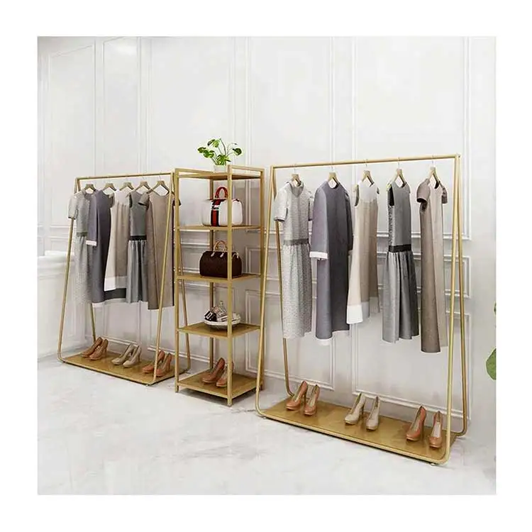 Gold Clothing Rack for Boutique Stainless Steel Rail Retail Garment Shelves  Clothing Store Display Stand Clothes Rack With Wheel