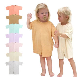 Best Sell Wholesale Summer Crew Neck Bodysuits Knitted Terry Fabric Short Sleeve Newborn Baby Girl Romper Children Cloth