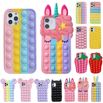 Fidget Toys Bubble Case For iPhone 11 12 13 Pro X Xs Max XR 6 6s 7 8 Plus 5 5s SE Mini Cartoon Unicorn Soft Silicone Cover