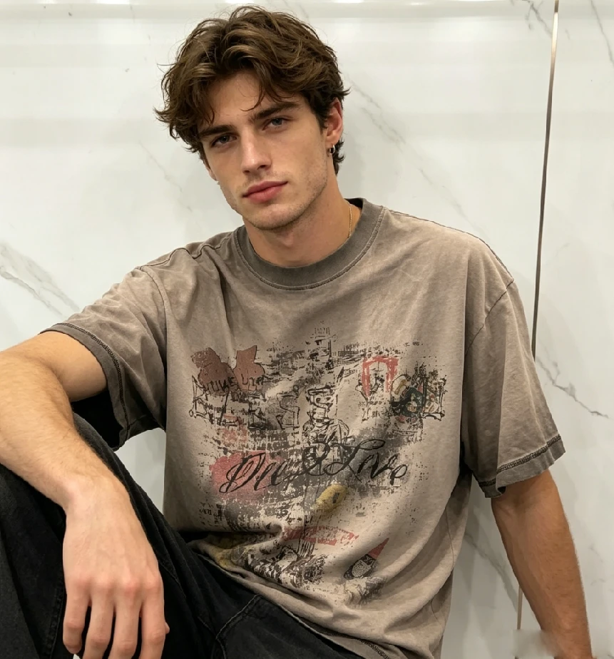 Wholesale 100% Cotton Spray Wash Distressed Ripped Streetwear Cropped Boxy Vintage Sun Faded Acid Wash Graphic T-shirts for Men