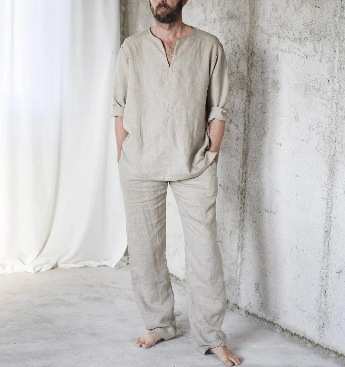 High quality fashion design custom linen men's pajama pants set sleepwear men
