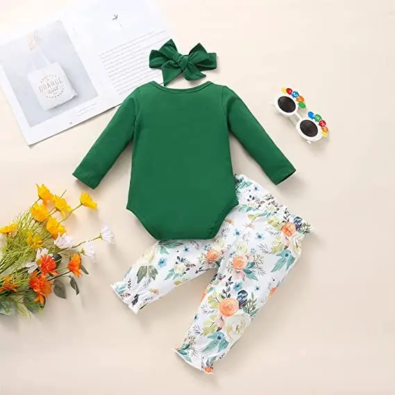 Infant Baby Girl 3PCs Long Sleeve Cotton Romper Flowers Pants with Headband Outfits Set for 0-18Months