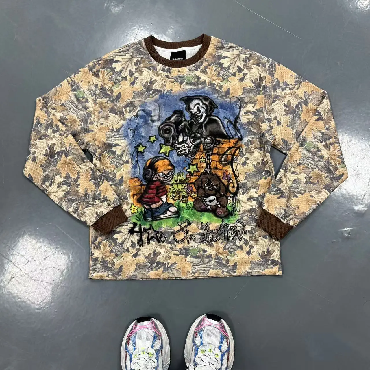 For Custom Long Sleeve O-Neck T-Shirt Waffle Knitted Regular Boxy Cotton Graphic Print Camo Men's Breathable Streetwear