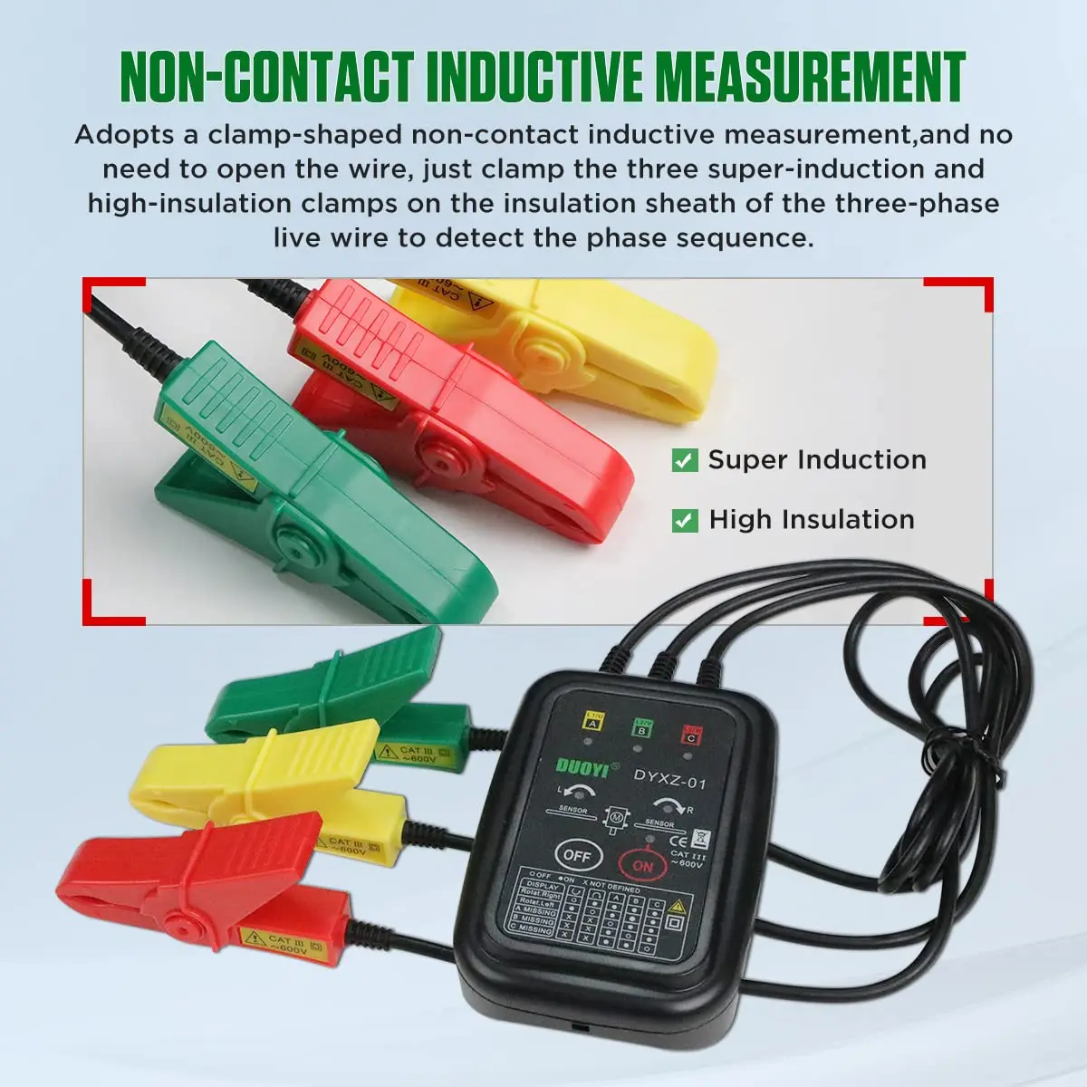 Phase Rotation Meter Non-Contact 3 Phase Motor Rotation Tester AC 70~600V High Magnetic Induction Phase Sequence Detector