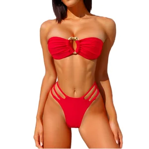 Women's Handmade Bandeau Top Thong Bikini Set Floral Striped Pattern Double Lining Seamless Fabric Strapless Design Drawstring