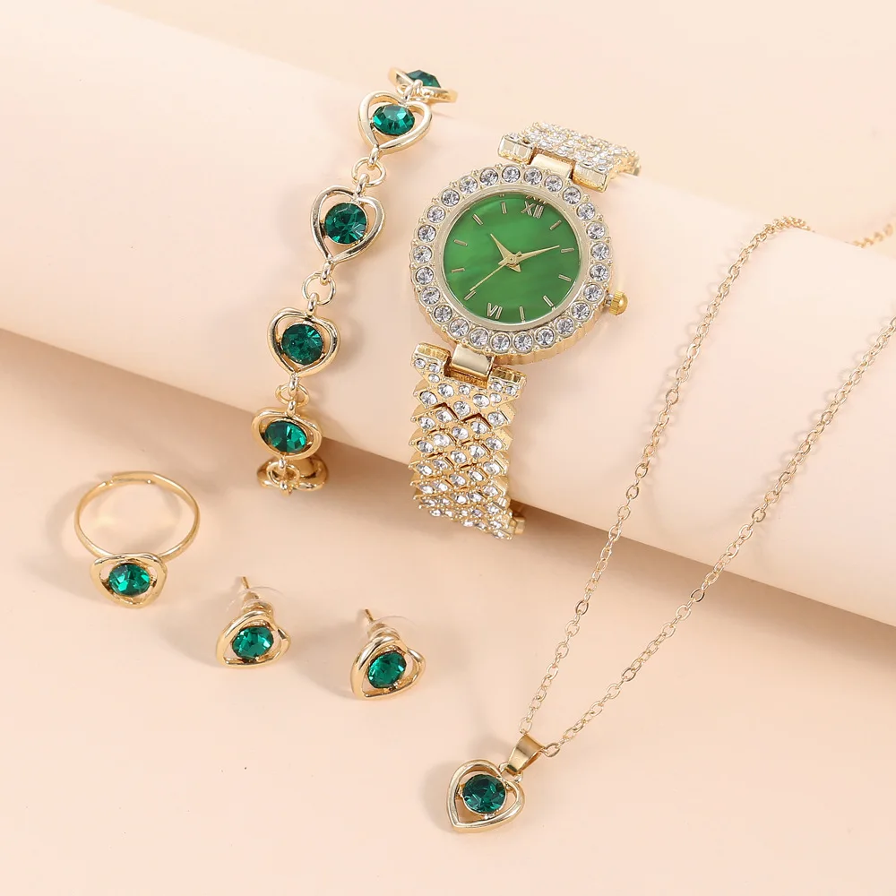 Fashion 5PCS Watch Ring Necklace Earrings Water Diamond Bracelet
