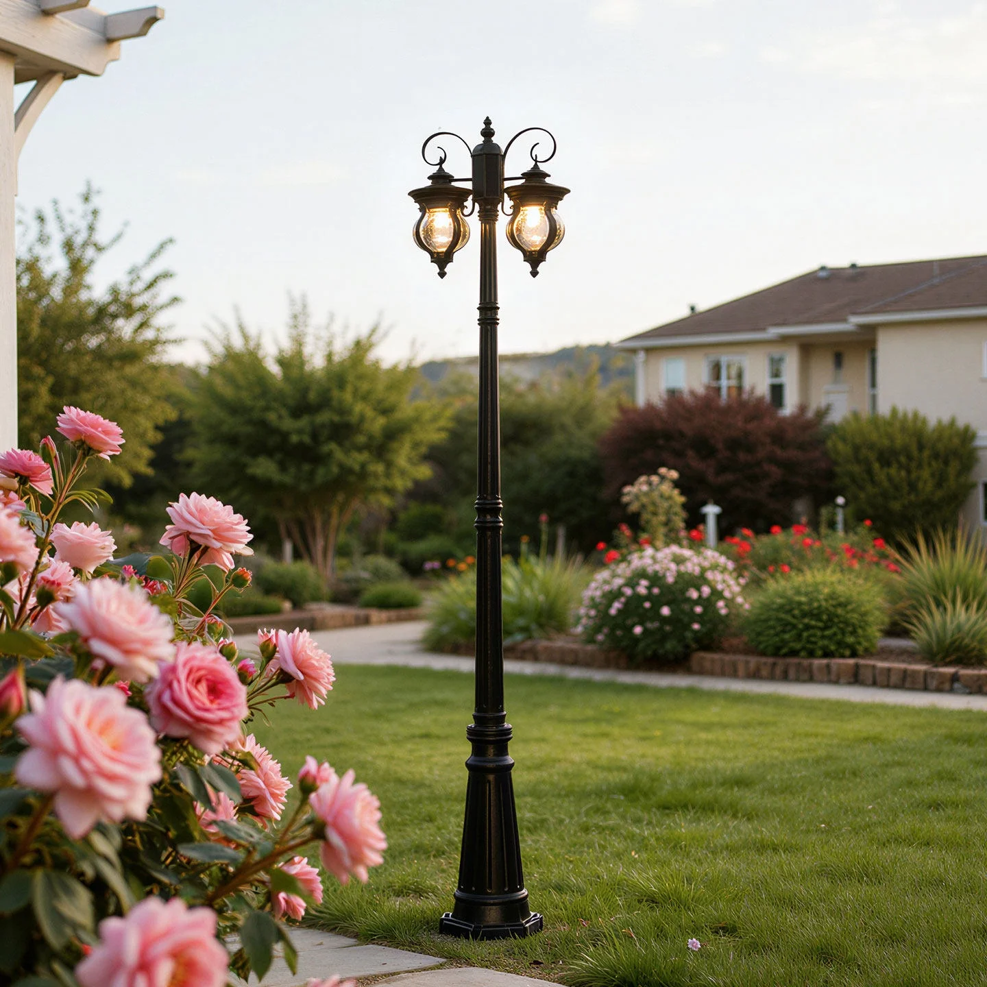 LED European-style Double-Head Courtyard Landscape Light Antique Black Metal Street Lamp Residential Decorative Lighting 3000