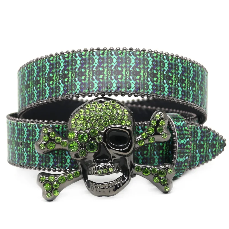 Green Design Tattoo Print Punk Rock Pu Leather Belt with Skull Rhinestone Buckle