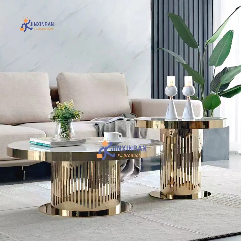 Modern Luxury Gold Coffee Table Stainless Steel Frame Marble Top Round ...