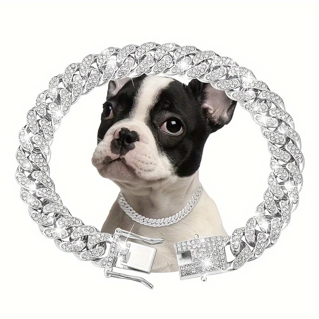 Silver Dog Necklace 13mm Wide Crystal Metal Cat Dog Chain Collar Cuban Link Pet Apparel Accessories Large Medium Small Dogs Cats