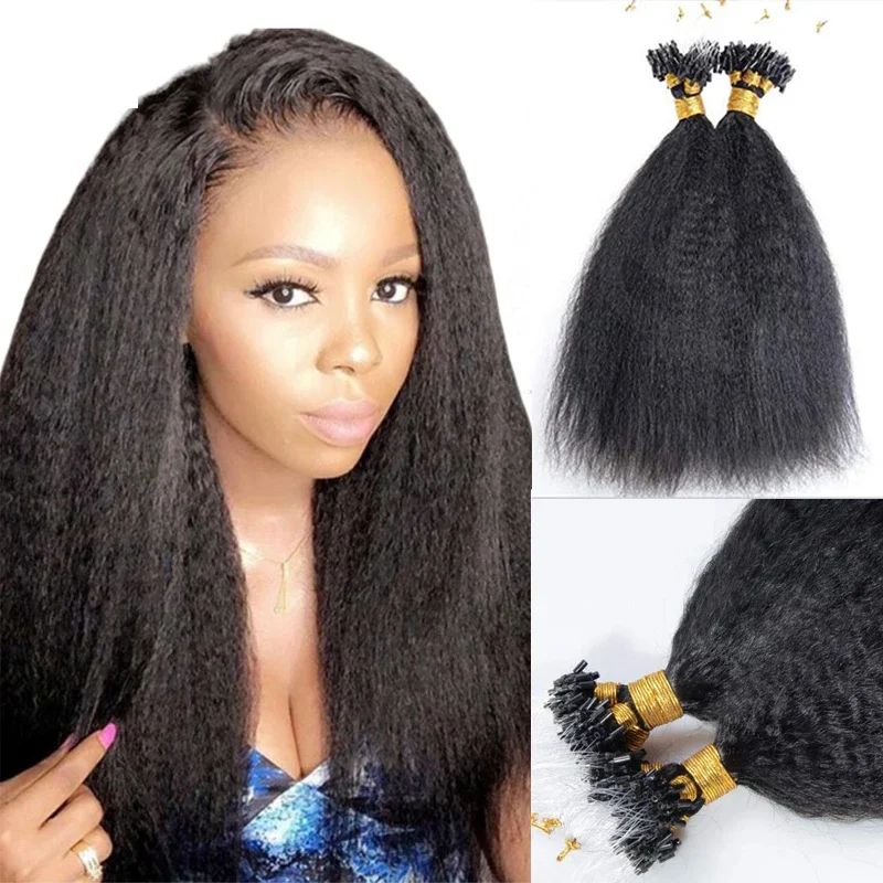 Capelli lisci crespi Micro Loop Capelli umani brasiliani Yaki spessi 100 ciocche per confezione_voghion.com