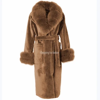 CX-G-T-73C New Arrival Brown Boutique Outfits Wool Long Coat with Big Fox Fur Shawl Collar and Cuffs