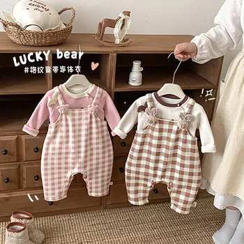 Baby Cute Fleece-Lined Korean Style Unisex Baby Jumpsuit Little Left Little Right Winter Stylish Plaid Thickened Rompers