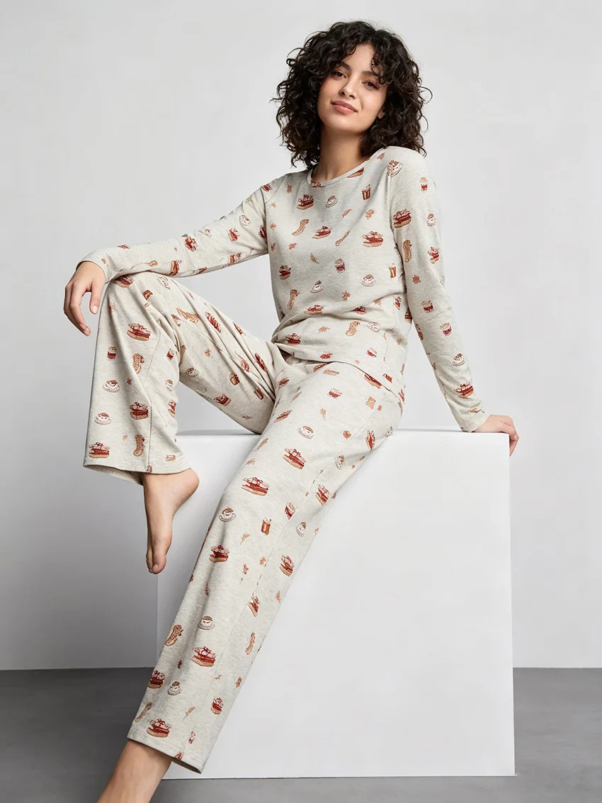 Womens Polyester Spandex Pajama Set Long Sleeve Round Neck Allover Print Lounge Wear Sleepwear Autumn Winter — detail