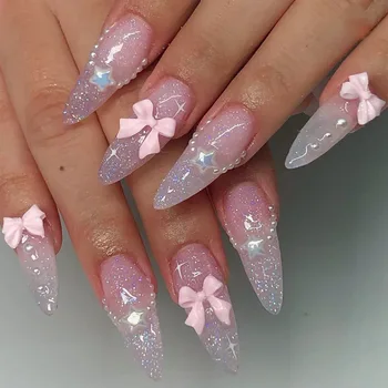 24pcs Cute Pink Bow and Star Glitter with Pearl Almond-Shaped Nail Art Press On Nails Artificial fingernails Customize 2948