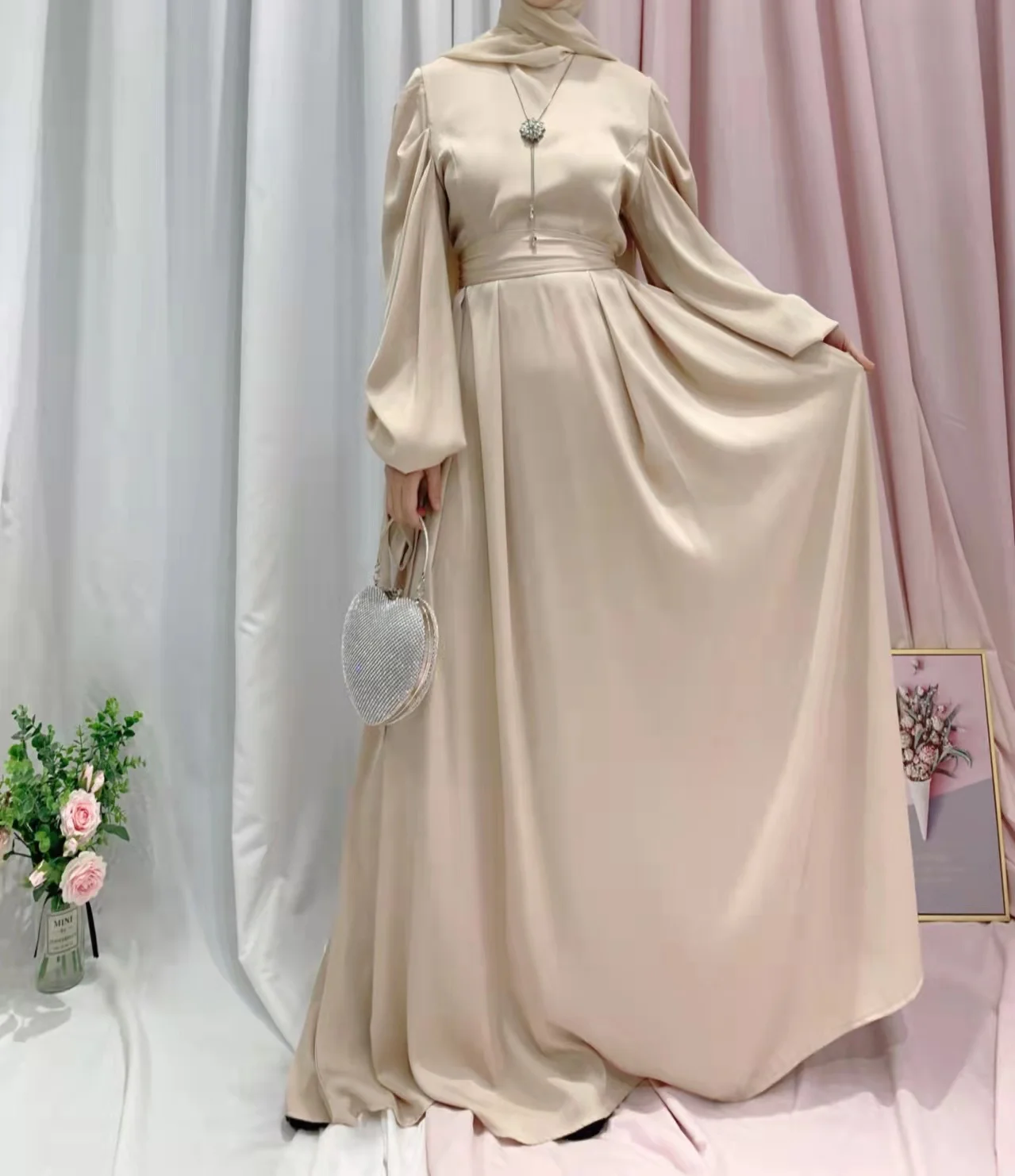 Popular Women Islamic Clothing Satin Muslim Party Dress Modest Abaya Women  Muslim Dress Elegant Muslim Prom Dress With Ribbon