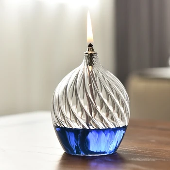 56H  Home Desktop Creative high borosilicate glass Smokeless Ghee Lamp Creative Striped Glass Oil Lamp Candle Holder Ornament