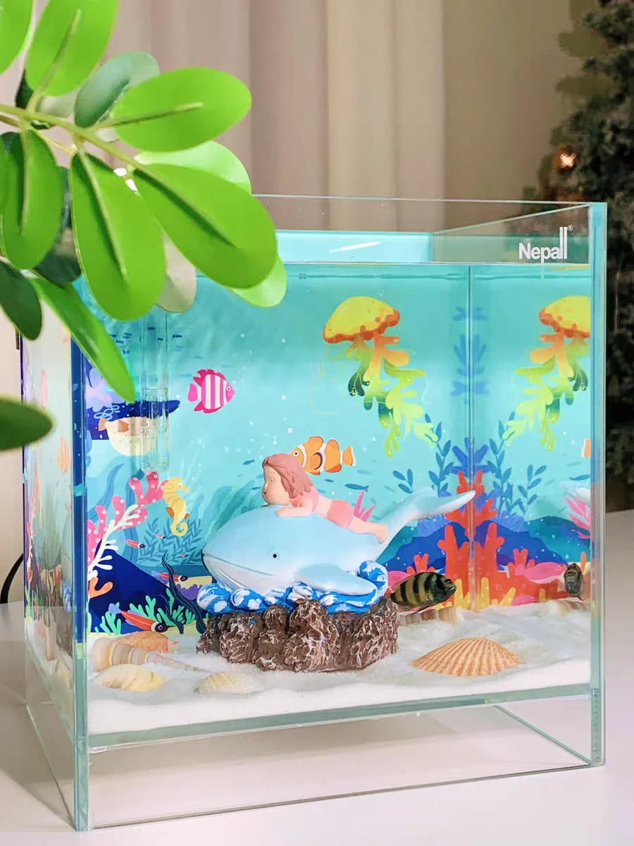Nepall Desktop Landscape Fish Tank Glass Ecological  Mini Koi Fish Aquarium Fish Tank With Lamp and Filter