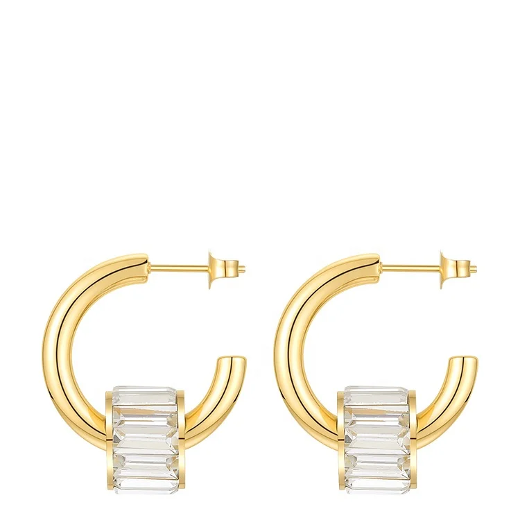 High Quality 18K Gold Plated Stainless Steel Jewelry C Shaped Diamond Encrusted  Cylinder  Earrings E201220