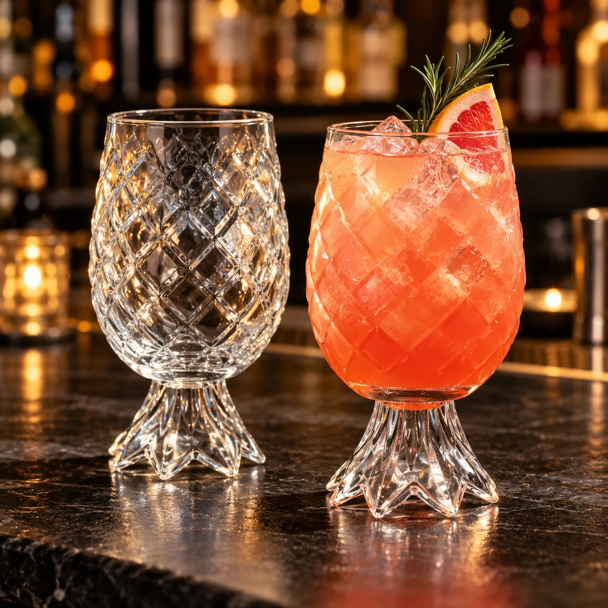 Faceted cocktail glasses with short geometric pedestal bases