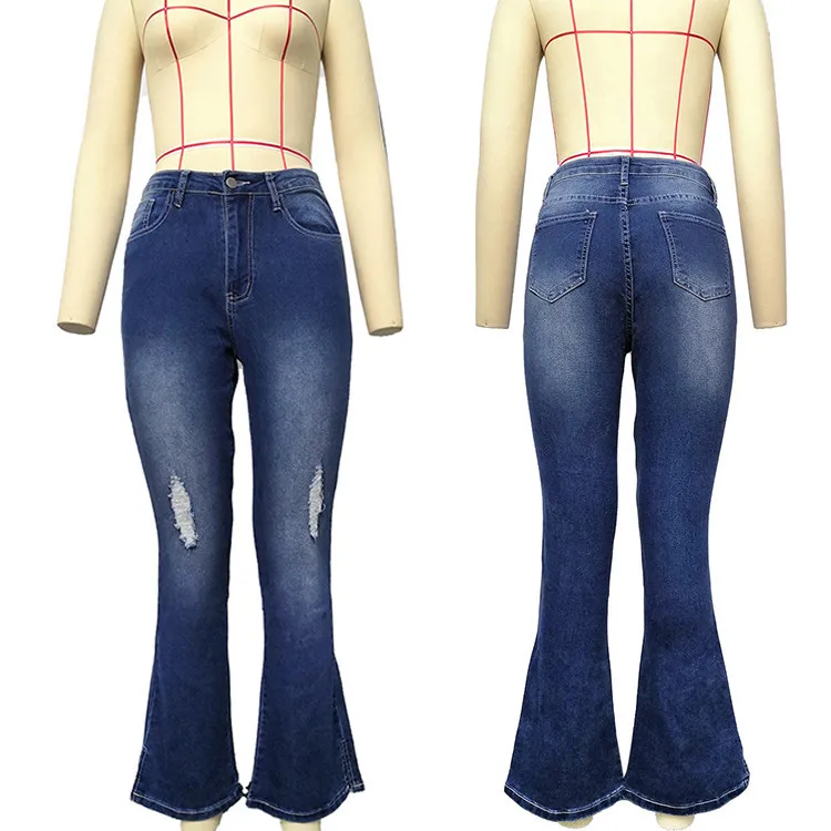 Lowest Price Distressed Denim Long Flare Pants Lady Fashion Clothing Woman Pants 2021 Women Denim Jeans