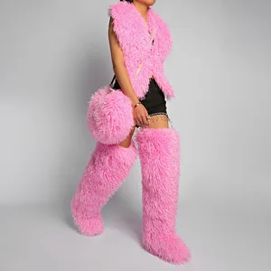 For Busy Girl RS1223 Ladies Fluffy Fur Over-the-Knee Boots Set Bag Pink Tan Black Thigh High Fur Boots Flat Long Women's Bag